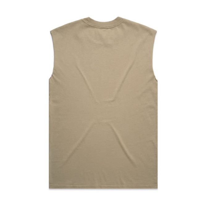 A khaki sleeveless tank top with a plain back and no embellishments. It features a branding logo.