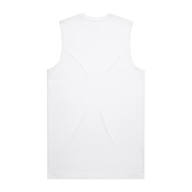 A plain white singlet with no details or patterns, featuring a simple and clean design. It has a logo on the back.