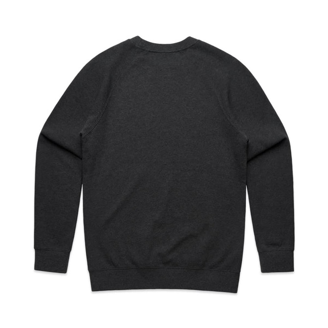 A dark grey sweater featuring a classic crew neckline and long sleeves, with a plain back and a logo.