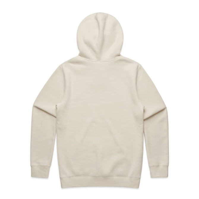 A cream-coloured hoodie with a hood and long sleeves, featuring a back view and a subtle branding logo.