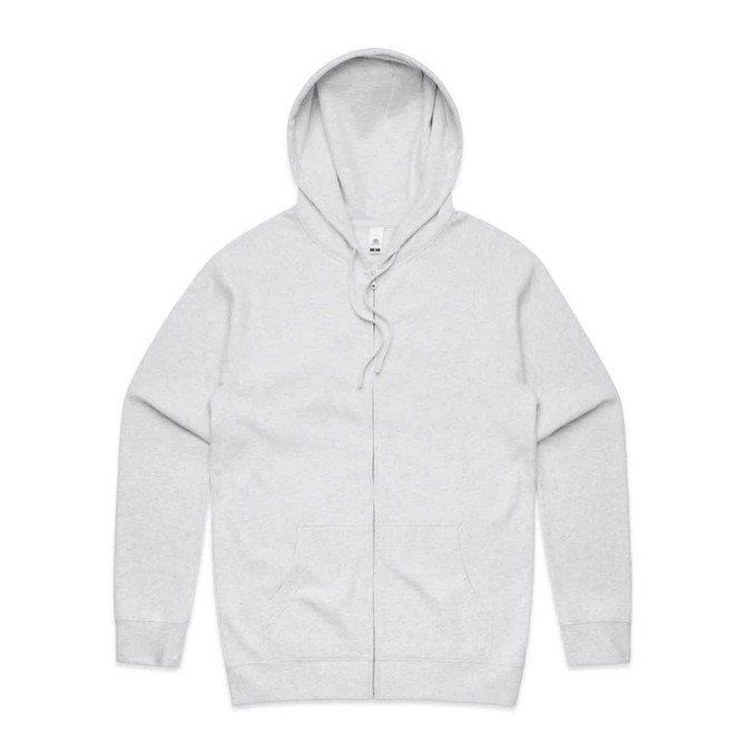 A grey zip-up hoodie with a front pocket and a hood. It features a small logo on the label.