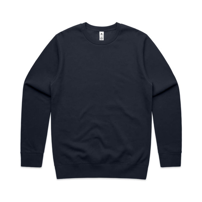 A navy blue sweater featuring long sleeves and a round neckline, with a logo on the label.