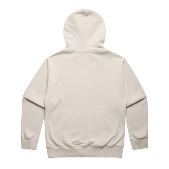A light beige hoodie featuring a hood, long sleeves, and a plain back. It includes a logo.