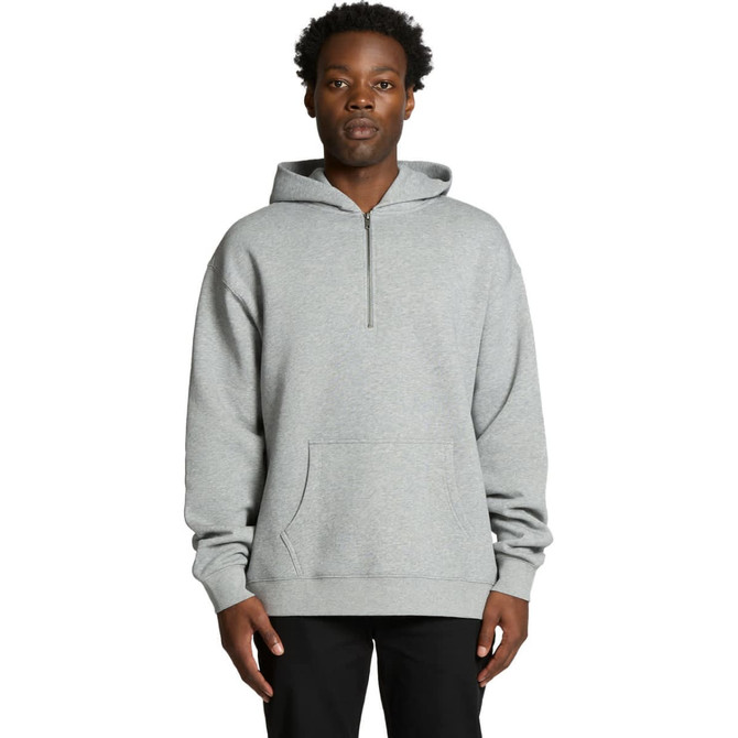 A grey half-zip hoodie with a pouch pocket and hood, featuring a logo.