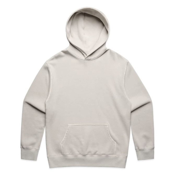 A light grey hoodie featuring a front pocket and a hood. The garment includes a logo on the front.