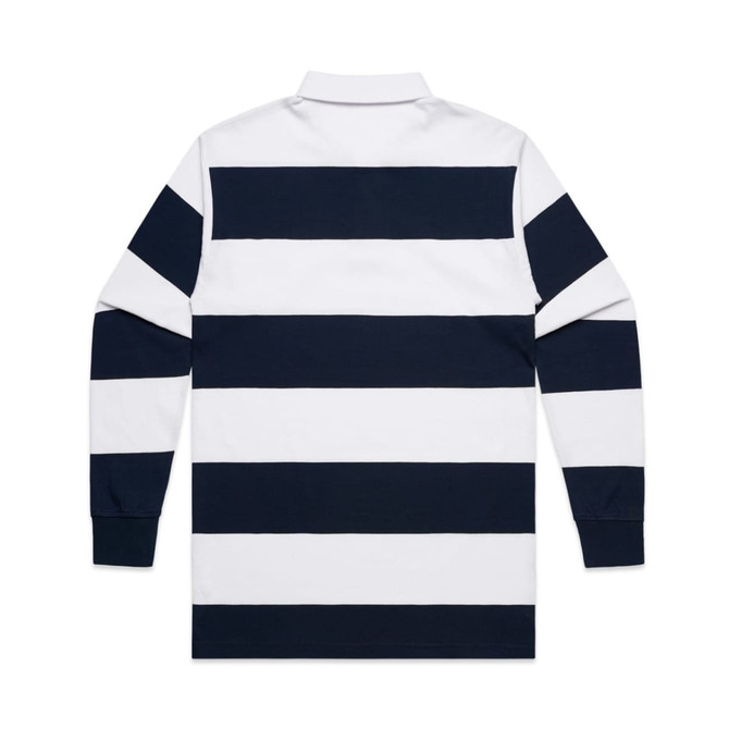 A polo shirt featuring bold navy and white rugby stripes, with long sleeves and a collar, displaying a logo.