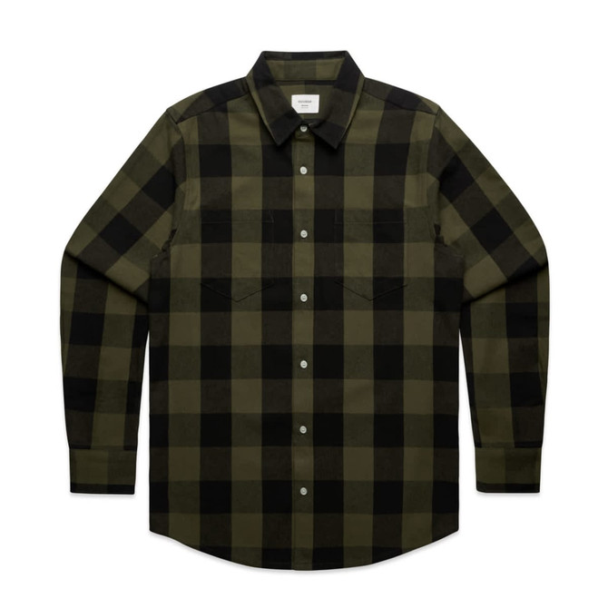 A button-up shirt featuring a green and black check pattern, with long sleeves and a collar. It has a logo on the label.