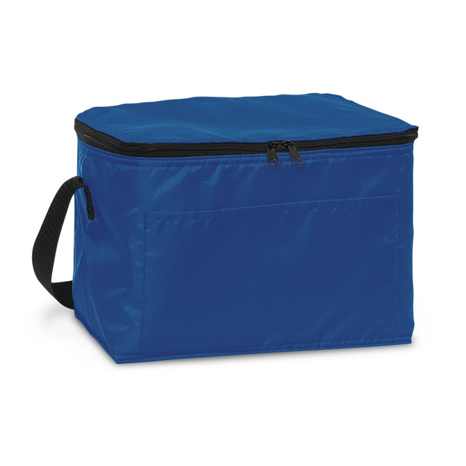 A blue cooler bag with a zippered top and a black handle, featuring a front pocket and a logo.