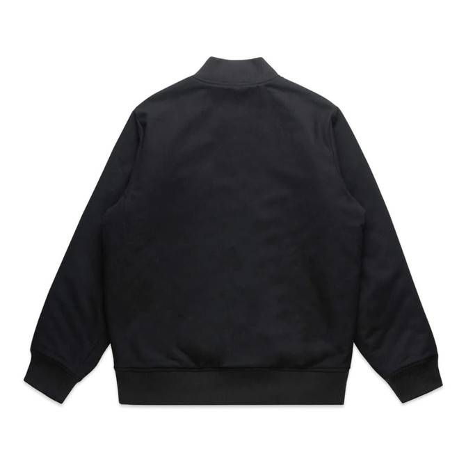 A black felt bomber jacket with a ribbed collar and cuffs, featuring a solid back design and a logo.