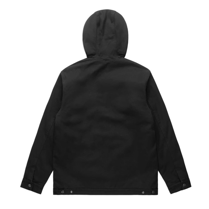 A black heavy hooded jacket featuring a plain back design and a fitted hood. It includes a branding logo.