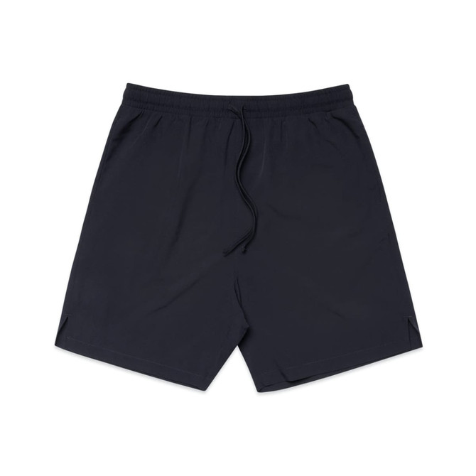 Active shorts in navy blue, featuring an elastic waistband and side splits. Includes a logo on the waistband.