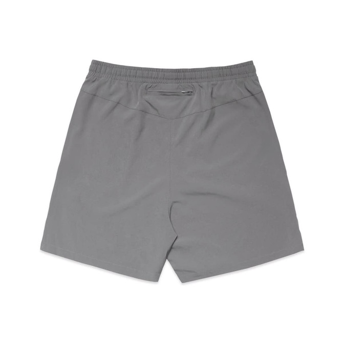 A pair of grey sports shorts with an elastic waistband and a small pocket at the back.