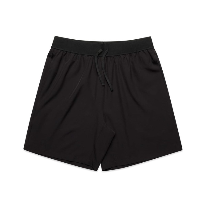 Black sports shorts featuring an elastic waistband and a drawstring, with a side pocket and a logo.
