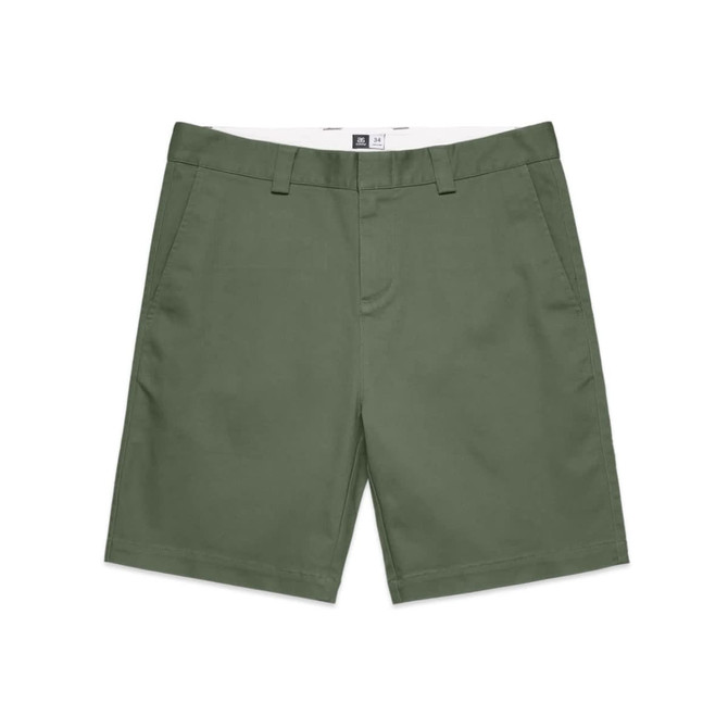 Olive green work shorts with a straight cut and a waistband. Features a logo on the waistband.