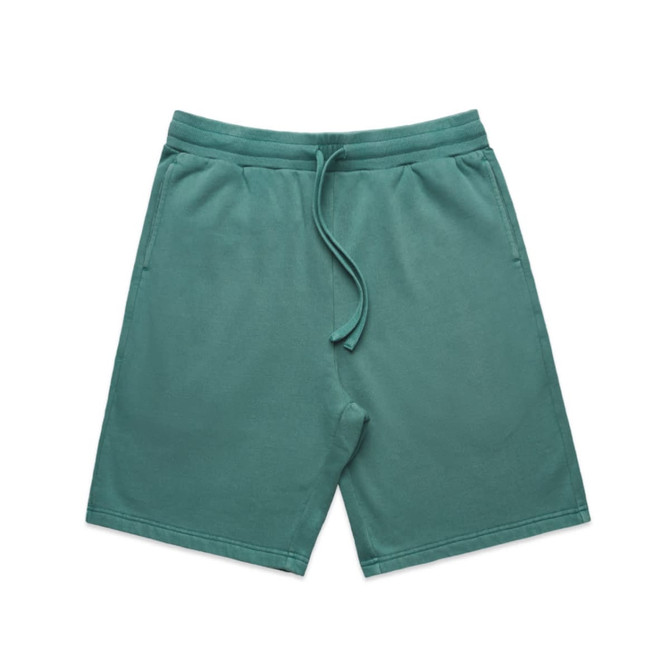 Faded stadium shorts in a teal colour with an elastic waistband and adjustable drawstring. Features a logo.