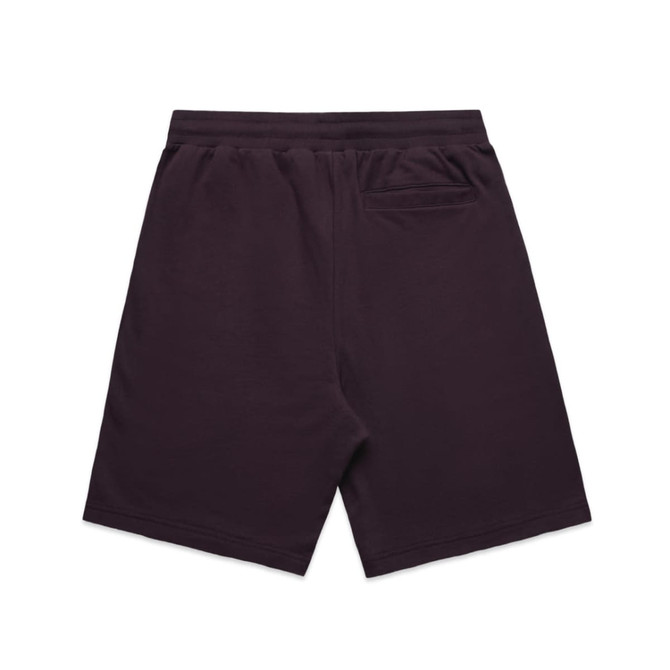 Dark purple sports shorts with an elastic waistband and a back pocket, featuring a logo.
