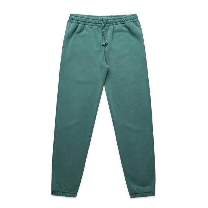 Faded track pants in a muted green colour, featuring an elasticised waistband and cuffs. Includes pockets and branding.