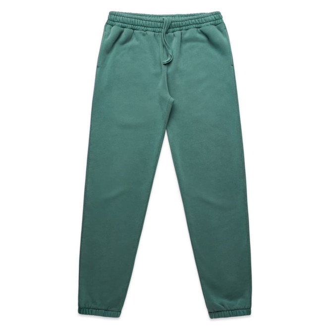 Faded green track pants with an elastic waistband and side pockets, featuring a logo.