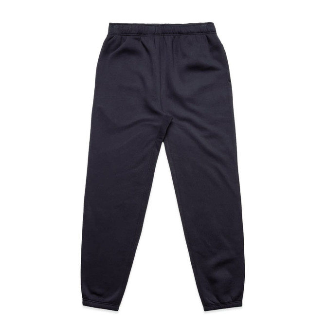 A pair of relaxed fit track pants in navy blue with an elastic waistband and tapered legs.