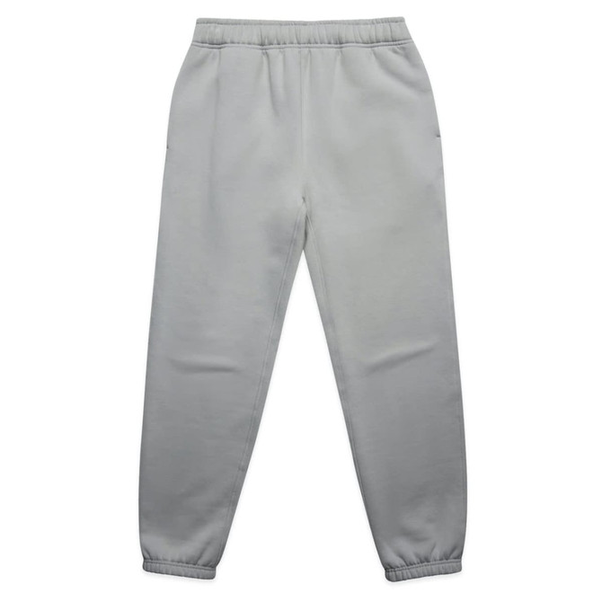 Light grey track pants with an elastic waistband and tapered legs, featuring side pockets and a logo.