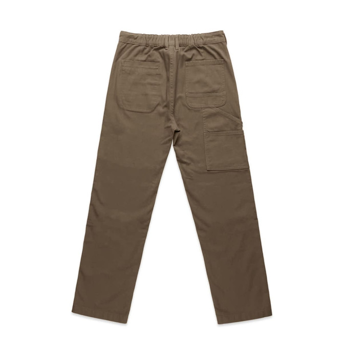 Canvas cargo pants in a muted brown colour with multiple pockets and an elastic waistband. Features branding.