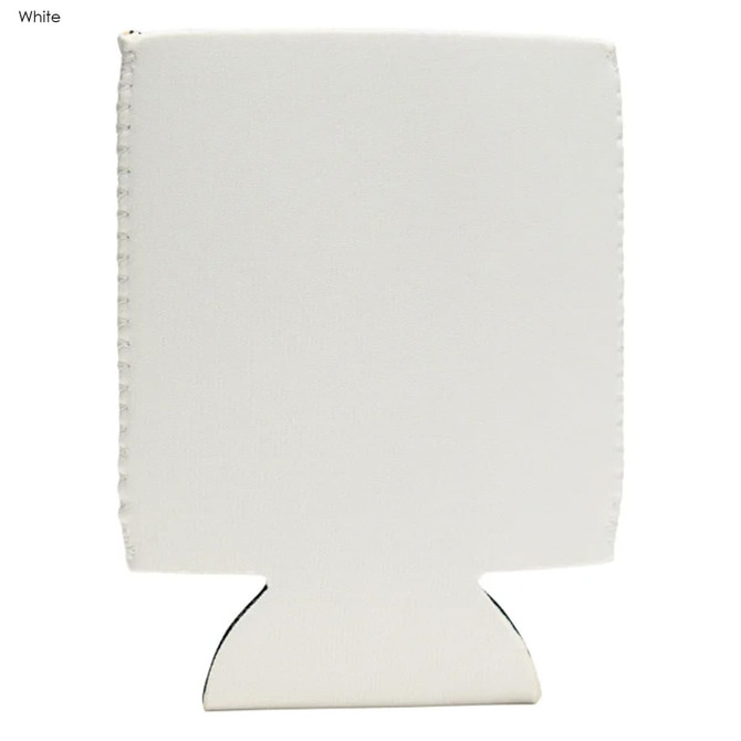 A white neoprene stubby cooler with a simple design and a logo. Ideal for keeping drinks cold.