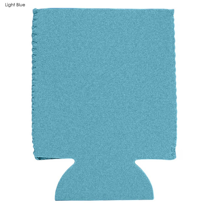 A light blue neoprene stubby cooler with a stitched edge and a cut-out base, featuring a logo.