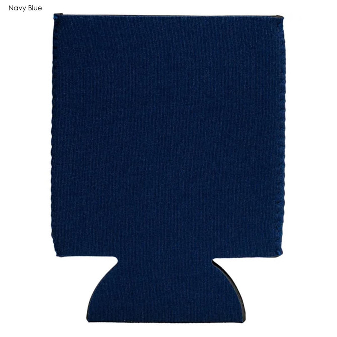 A navy blue neoprene stubby cooler with a logo, designed to hold drink bottles.