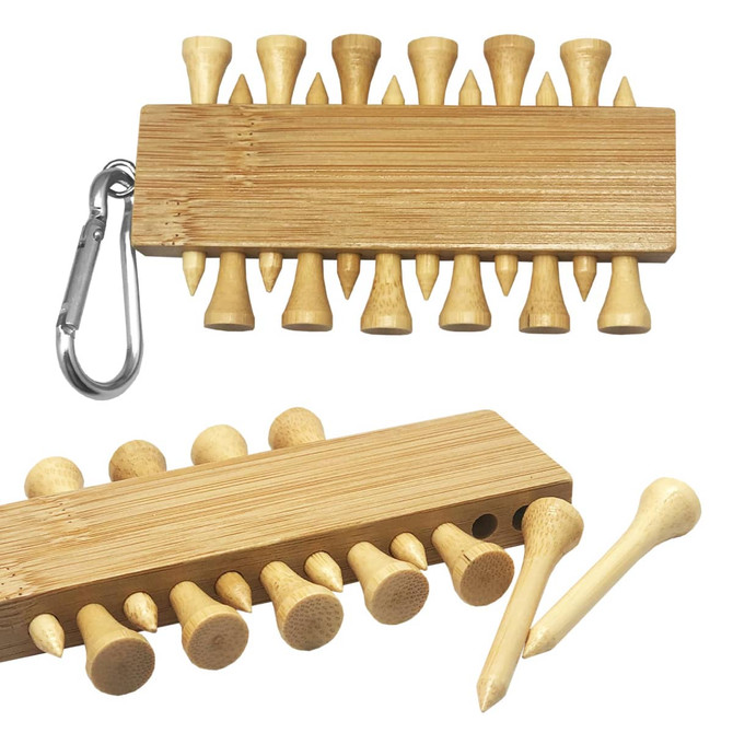 A bamboo golf tee set featuring multiple tees stored on a holder with a carabiner. The tees are natural wood colour.