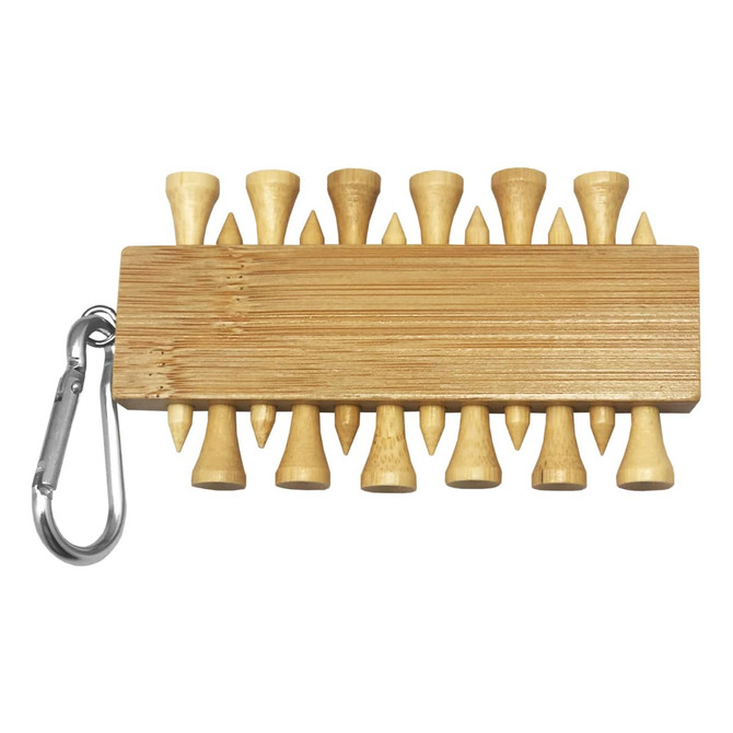 A bamboo golf tee set featuring multiple beige tees attached to a wooden holder with a carabiner.