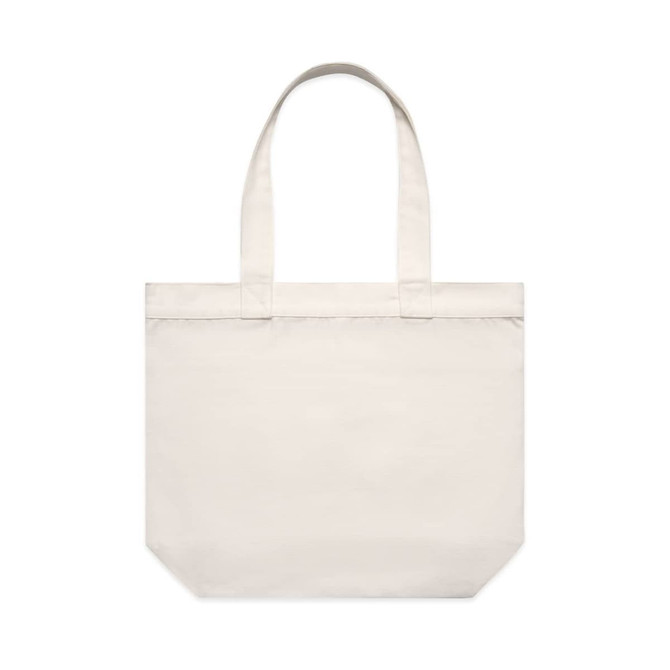 A plain cream tote bag with two long handles and a rectangular shape, featuring a minimalistic design.