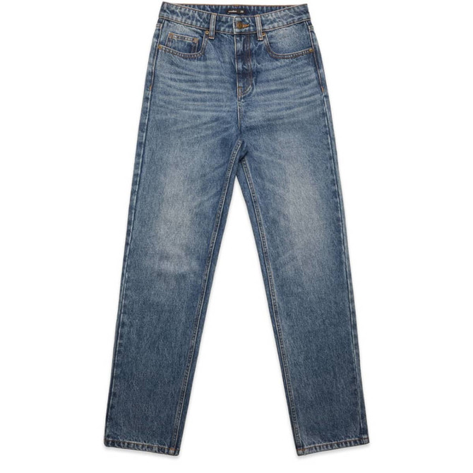Straight-cut blue denim jeans with a faded finish, featuring front pockets and a brand logo.