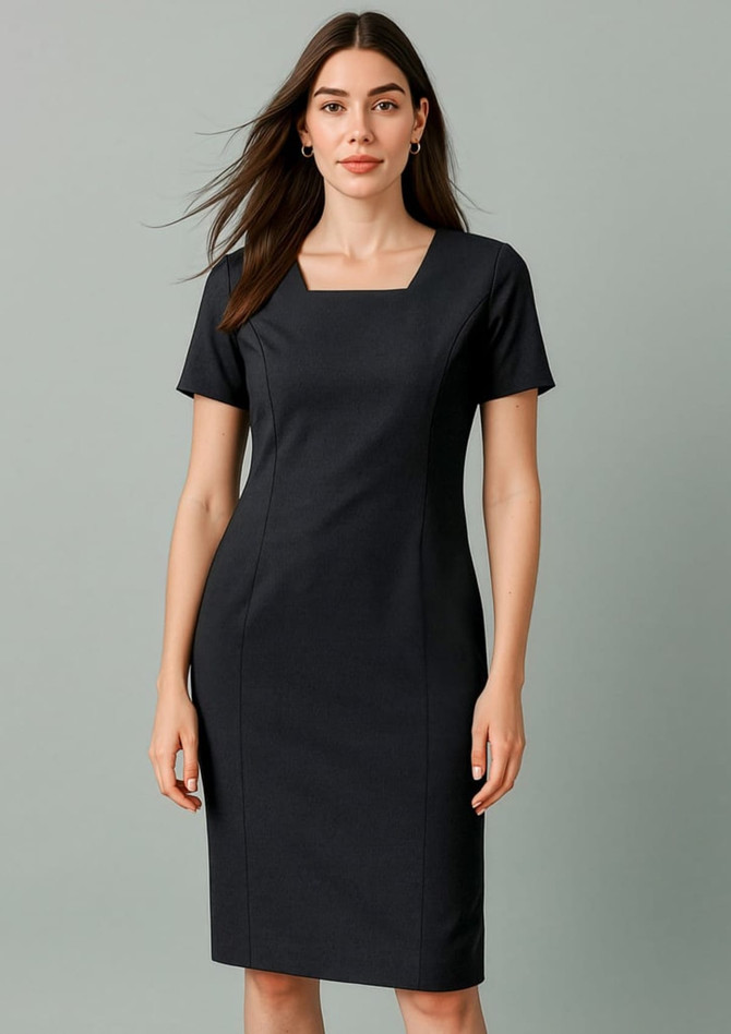 A fitted black short sleeve dress with a square neckline and a logo on the side.