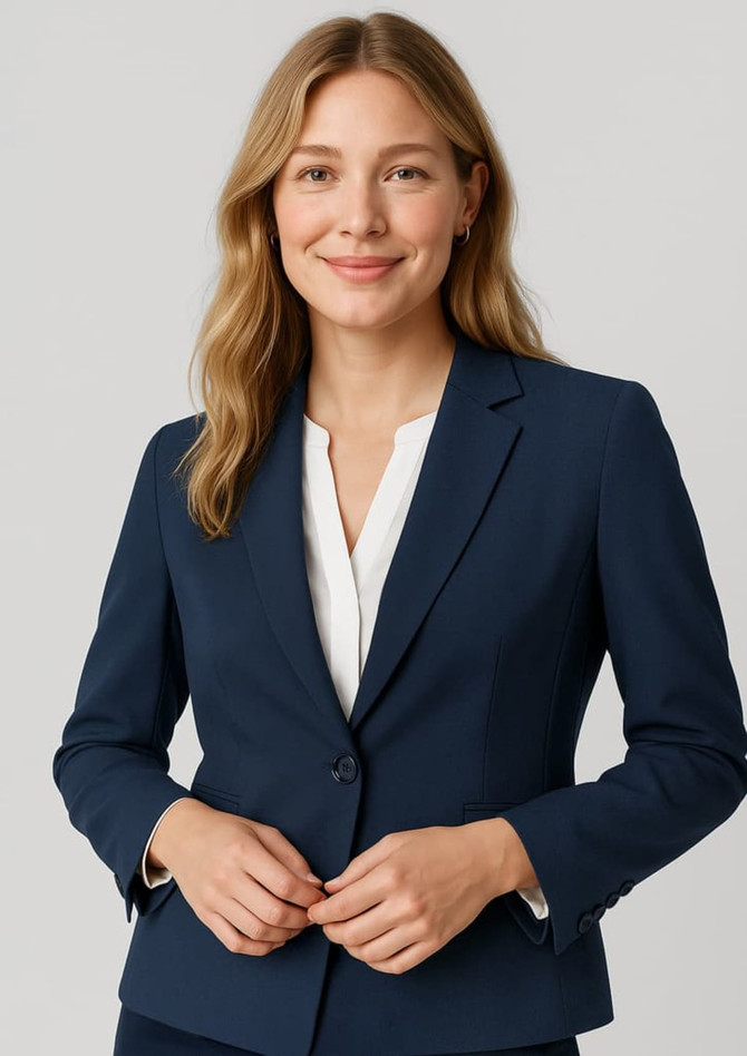 A navy mid-length blazer with a single button, featuring fitted tailoring and a notched lapel.
