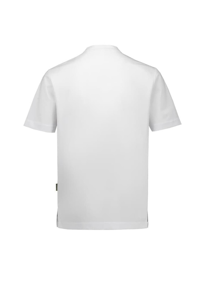 A white short-sleeved jacket featuring a simple design and a logo on the side.