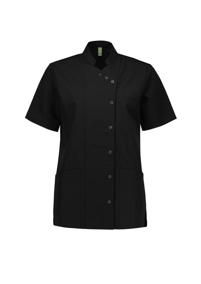 A black women's essence jacket featuring short sleeves, a snap button closure, and two front pockets.