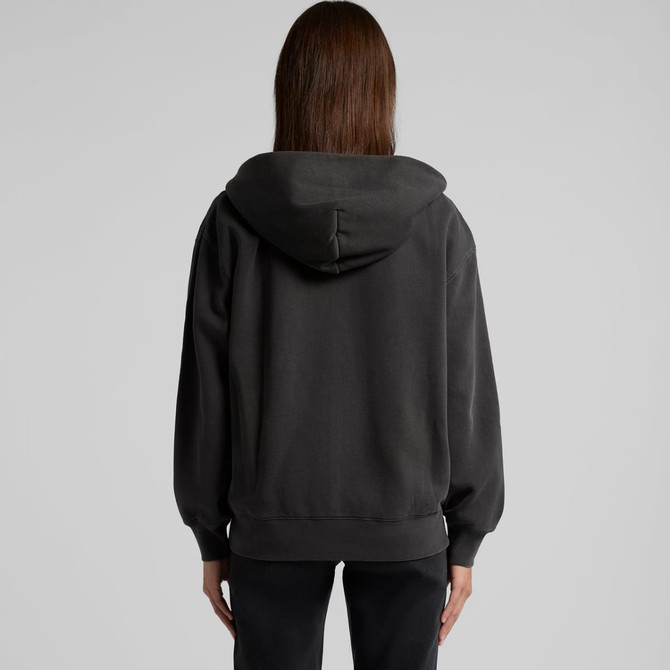 A faded black zip hoodie with a spacious hood and a relaxed fit, featuring a branding logo.