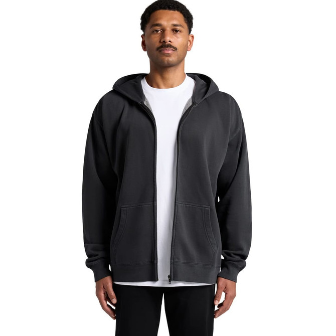 A black zip-up hoodie with a spacious fit, featuring a hood and front pockets. It has a small logo.