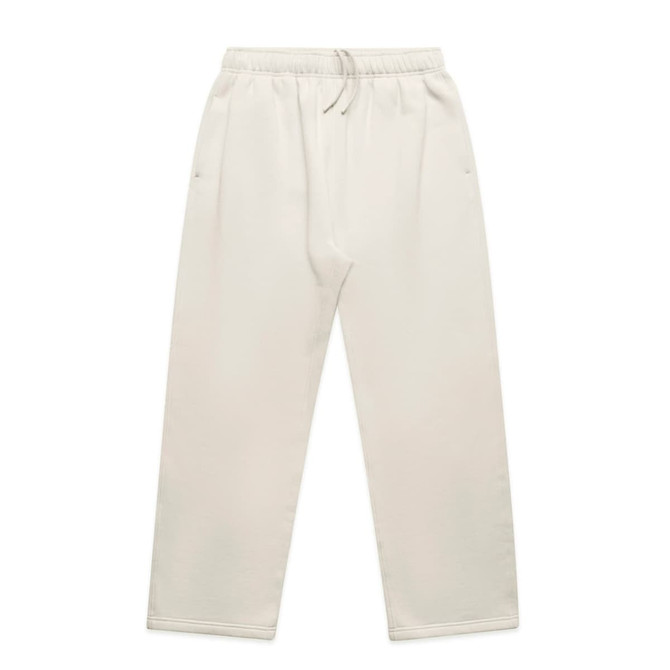 Cuffless track pants in a light beige colour, featuring an elastic waistband and side pockets. Includes a logo.