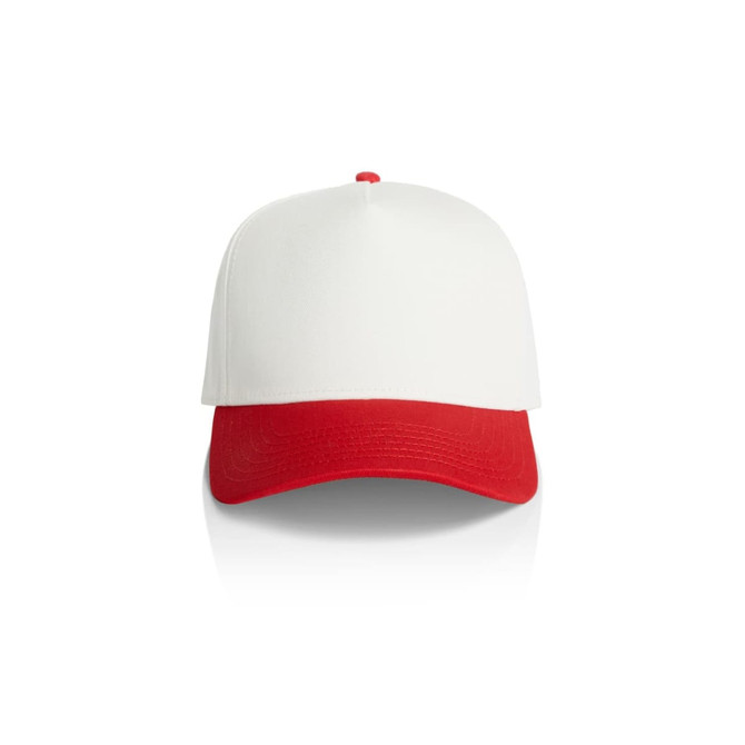A two-tone cap featuring a white crown and a red peak, complete with a logo on the front.