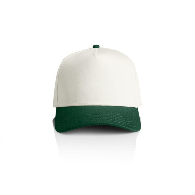 A two-tone cap featuring a white crown and a dark green peak, with a logo on the front.