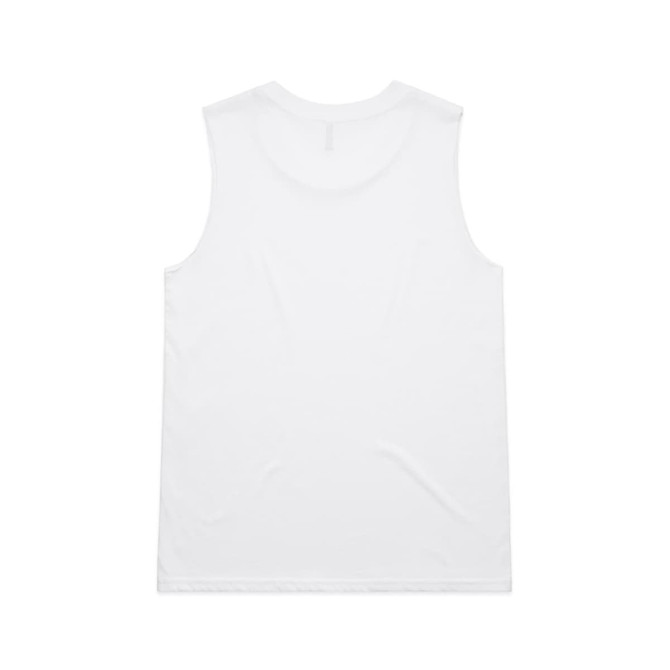 A white singlet tank top with a smooth, plain design and a subtle branding logo on the back.