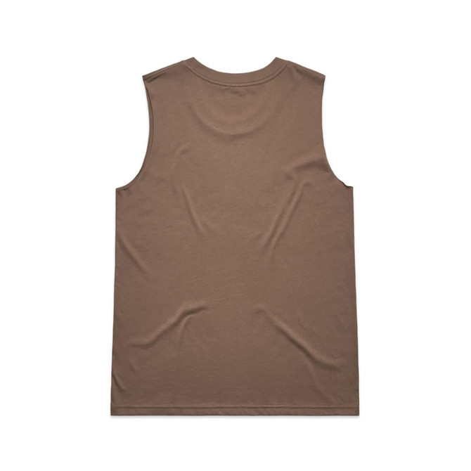 A brown sleeveless tank top with a plain back, featuring a logo at the neckline.