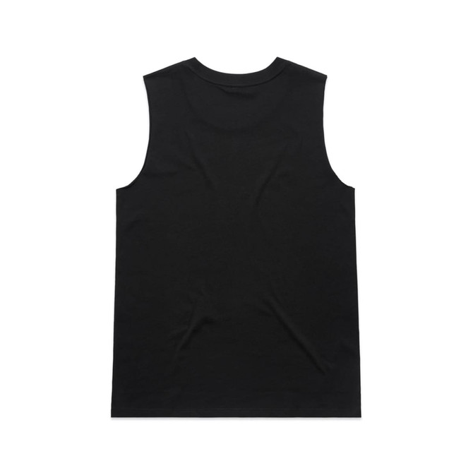 A black sleeveless tank top with a plain design and a logo on the label.