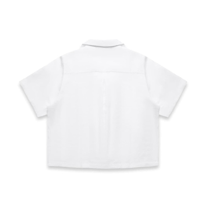 A white button-up short sleeve shirt with a back yoke and a logo.