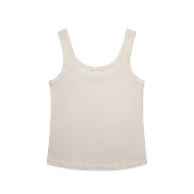 A cream singlet top with a round neckline and wide straps, featuring a subtle branding logo.