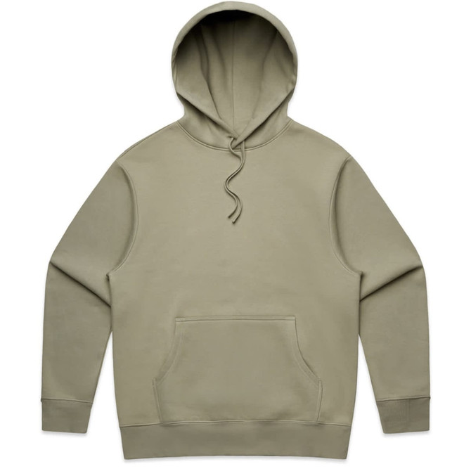 An olive green hoodie featuring a front pocket and a drawstring hood. It has a logo on it.