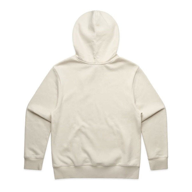 A cream-coloured hoodie with a hood, featuring a plain design and back view. It has a logo on the back.
