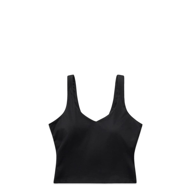 A black active bra tank featuring a v-neck design and wide straps. The garment has a minimalist style and a branding logo.
