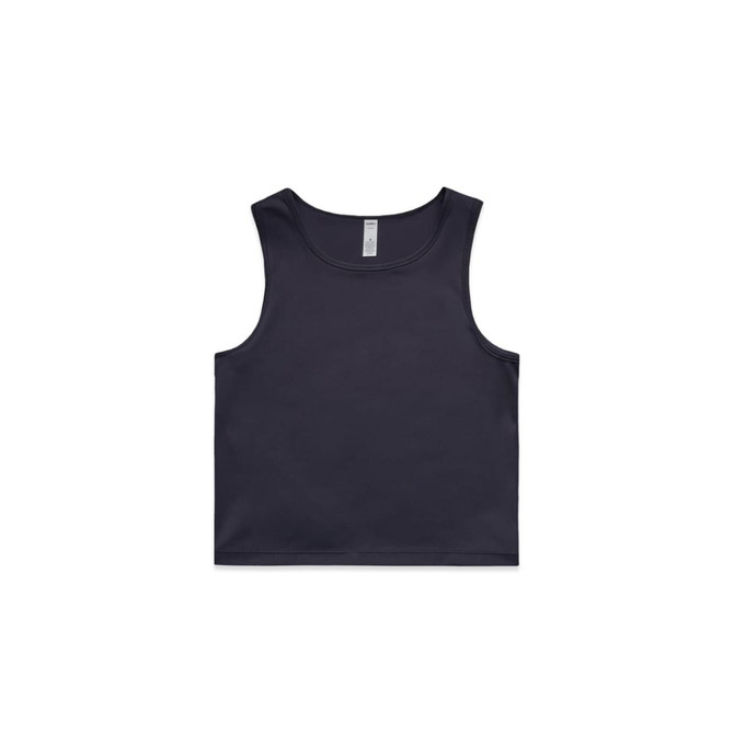 A dark navy blue active crop tank with a sleeveless design and a simple, unadorned style. It features a logo.